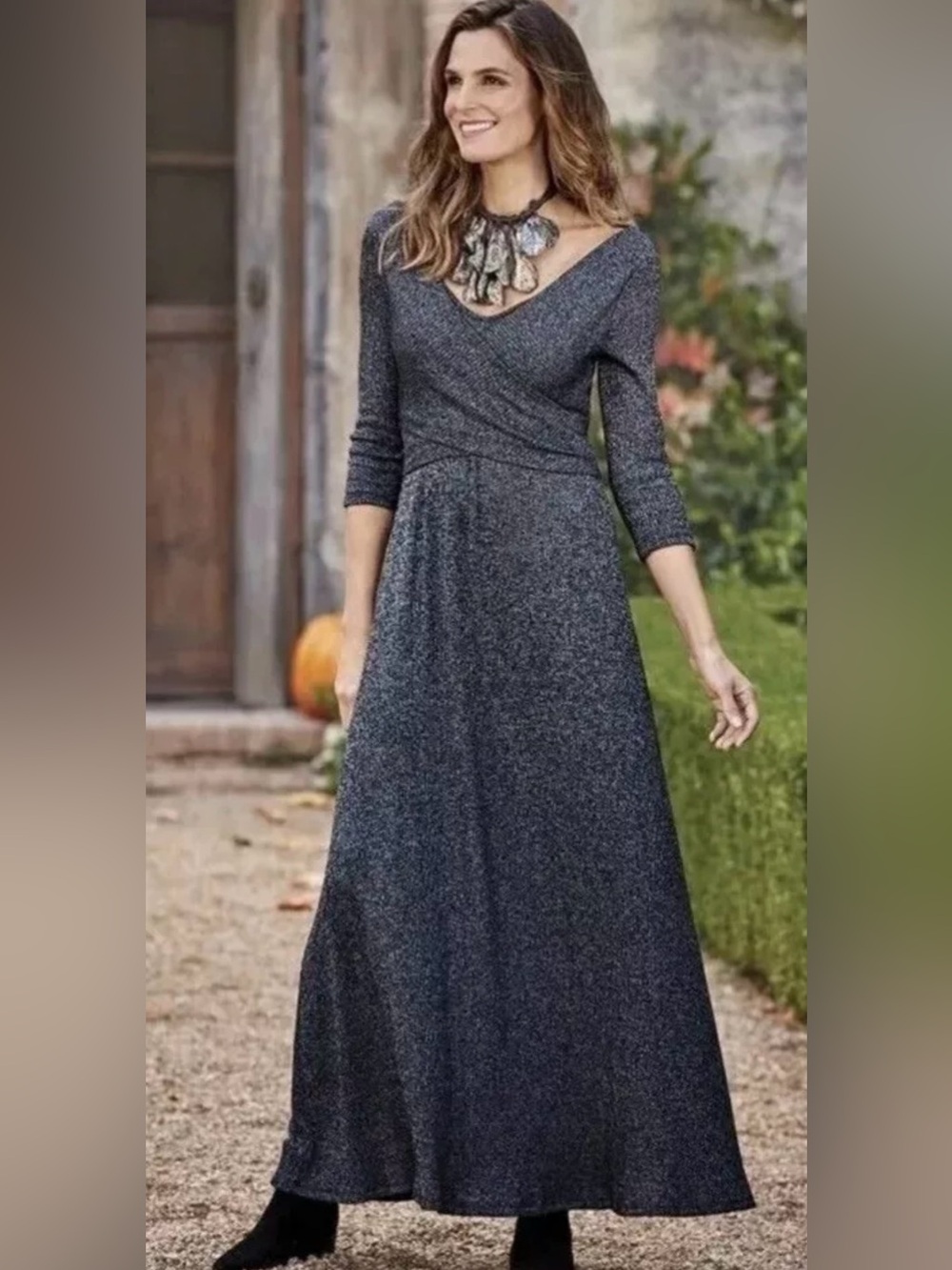 Soft Surroundings Charcoal Knit Wrap-Front Maxi Dress
